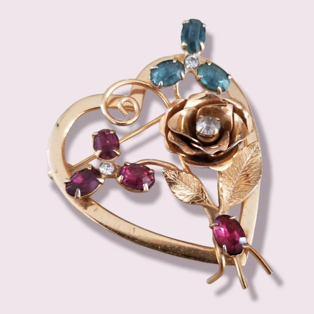 Vintage Signed Coro Gold Tone Heart Brooch Ruby Sapphire Rhinestone